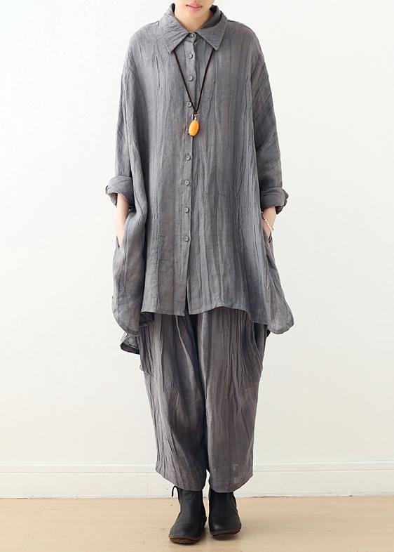 Retro gray long-sleeved shirt loose plus size lapel top 20212021 new women&