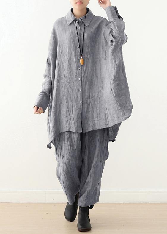 Retro gray long-sleeved shirt loose plus size lapel top 20212021 new women&