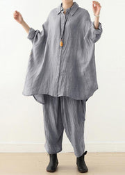 Retro gray long-sleeved shirt loose plus size lapel top 20212021 new women's clothing - SooLinen