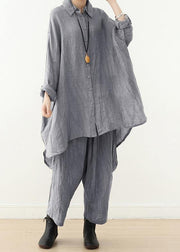 Retro gray long-sleeved shirt loose plus size lapel top 20212021 new women's clothing - SooLinen