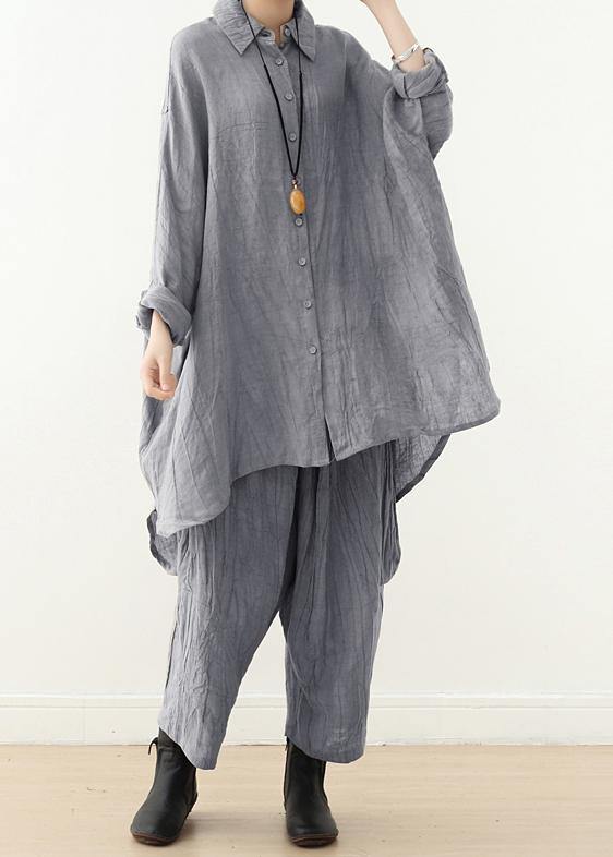 Retro gray long-sleeved shirt loose plus size lapel top 20212021 new women&
