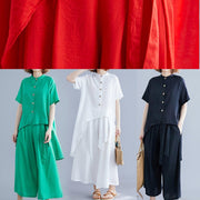 Retro suit silk hemp irregular short-sleeved shirt + elastic waist strap wide leg pants black was thin - SooLinen
