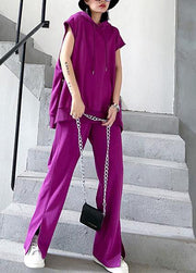 Retro women's sweater and trousers rose purple fashion two piece set - SooLinen