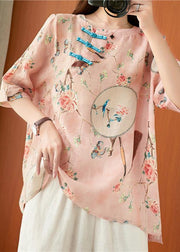 Women O Neck Half Sleeve Shirts Light Blue Print Baggy Shirts - SooLinen