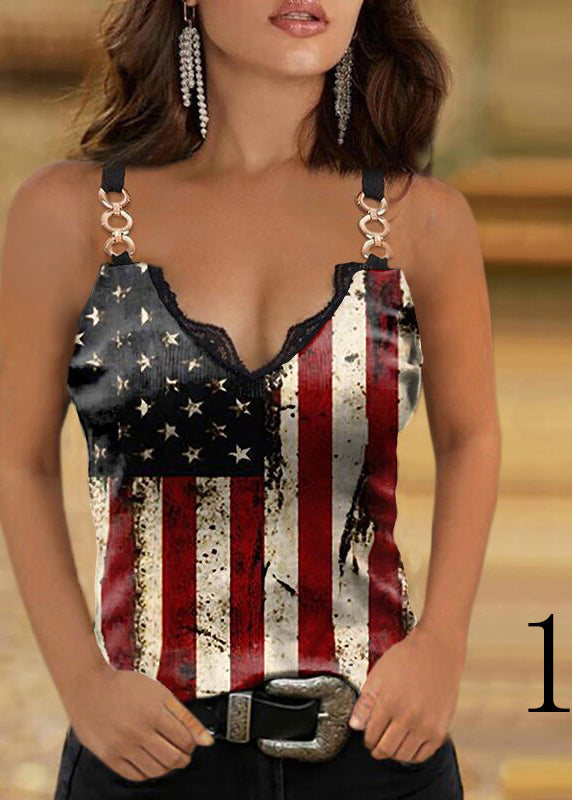 Sexy Colorblock V Neck Lace Patchwork Cotton Sequined Spaghetti Strap Tanks Summer