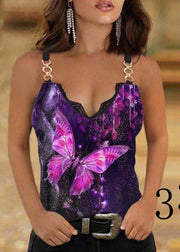 Sexy Colorblock V Neck Lace Patchwork Cotton Sequined Spaghetti Strap Tanks Summer