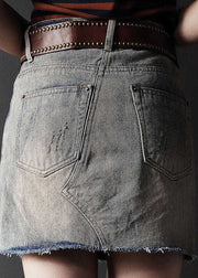 Sexy Grey High Waist Tassel Pockets Cotton Denim Ripped Skirts Summer