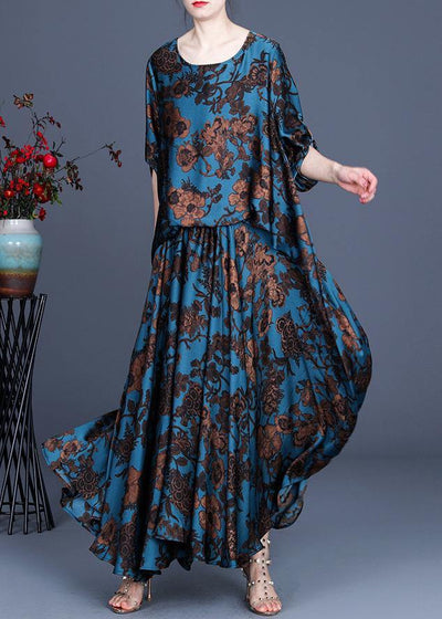 Silk floral irregular dress blue - SooLinen