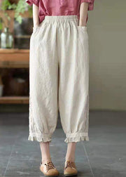 Simple Beige Elastic Waist PatchworkHarem Pants Linen - SooLinen