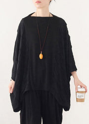 Simple Black Patchwork Wrinkled Batwing Sleeve Fall Shirt Tops - SooLinen