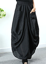 Einfache schwarze Taschen Plaid Hosen mit weitem Bein Frühling