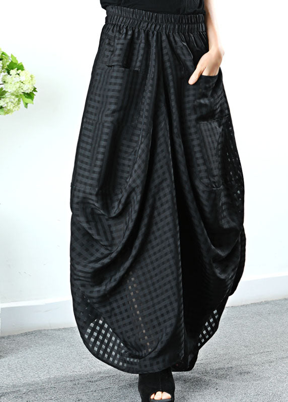 Einfache schwarze Taschen Plaid Hosen mit weitem Bein Frühling