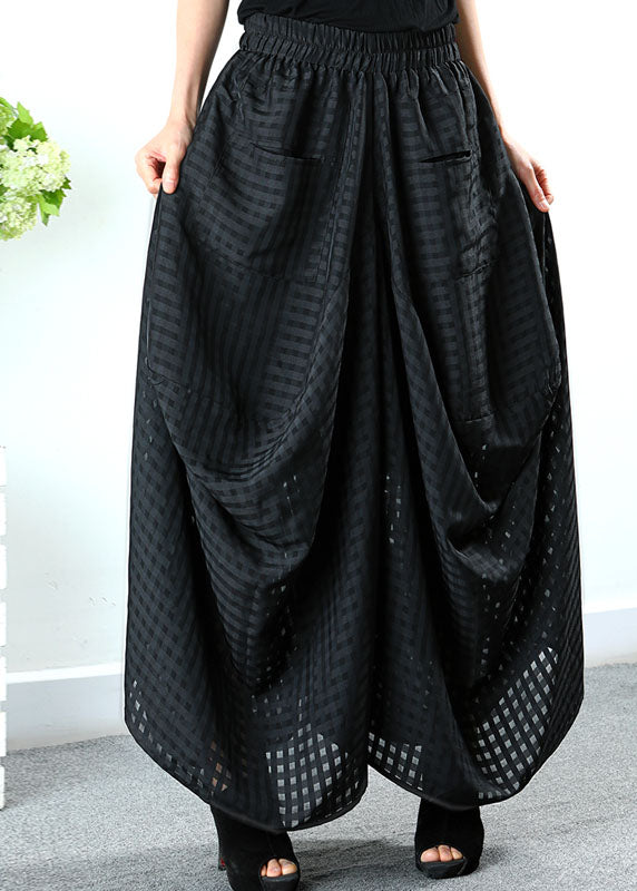 Einfache schwarze Taschen Plaid Hosen mit weitem Bein Frühling