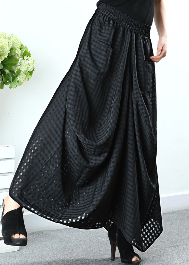 Einfache schwarze Taschen Plaid Hosen mit weitem Bein Frühling