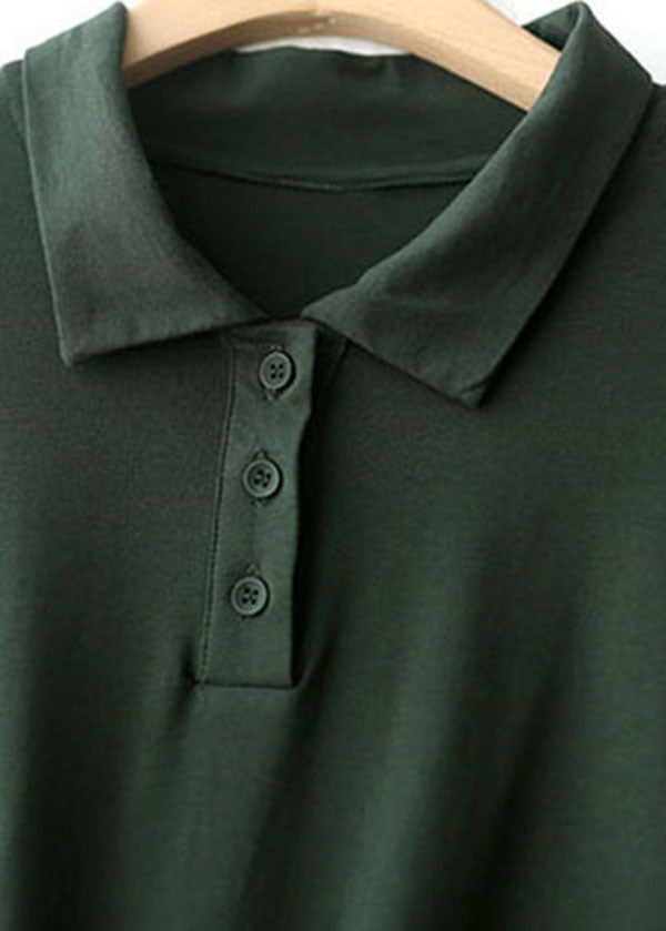 Simple Blackish Green Peter Pan Collar Elastic Waist Patchwork Cotton Fake Two Piece Long Dress Short Sleeve