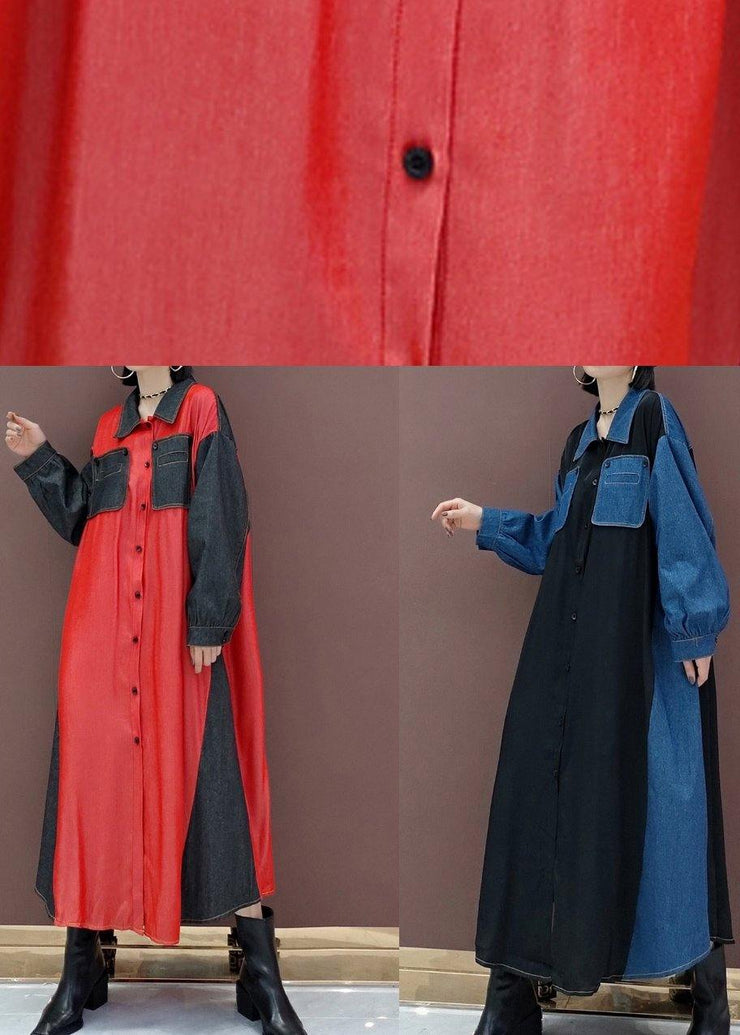 Simple Blue Dresses Lapel Patchwork Robe Spring Dress - SooLinen