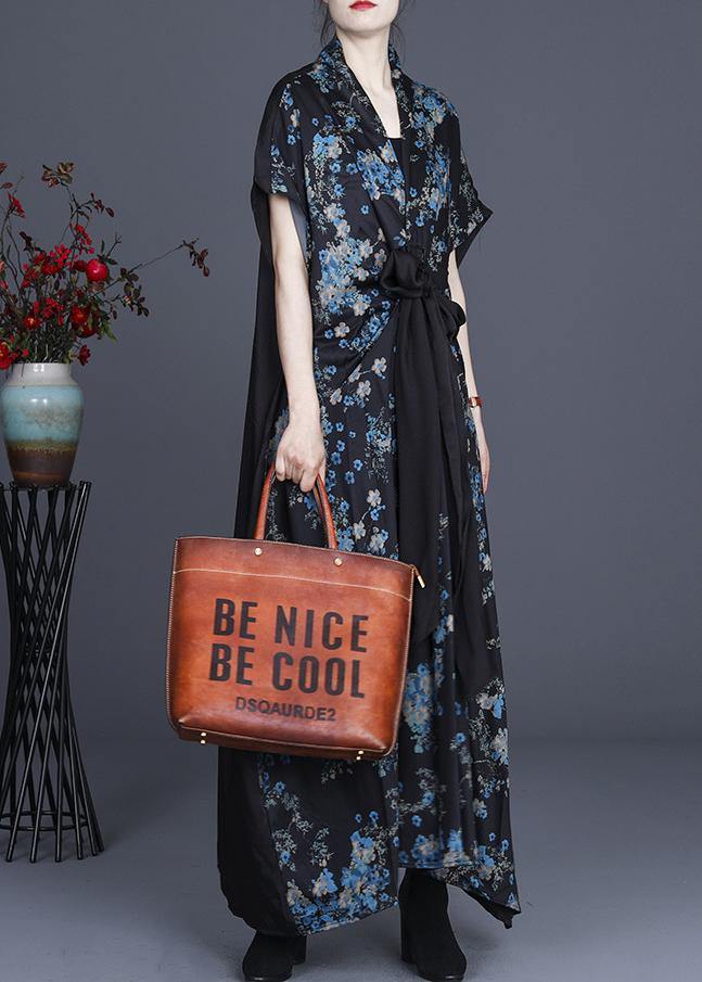 Simple Blue Floral Patchwork V Neck Long Dress Summer - SooLinen