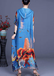 Simple Blue Print hooded Patchwork Silk Ankle Dress Summer - SooLinen