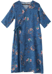Simple Blue Print tie waist Long Dresses Summer Ramie - SooLinen