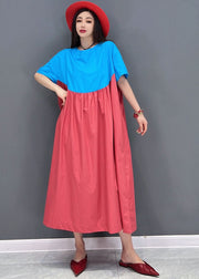 Einfaches, blaues, rotes, übergroßes Patchwork-Baumwoll-A-Linien-Kleid mit kurzen Ärmeln