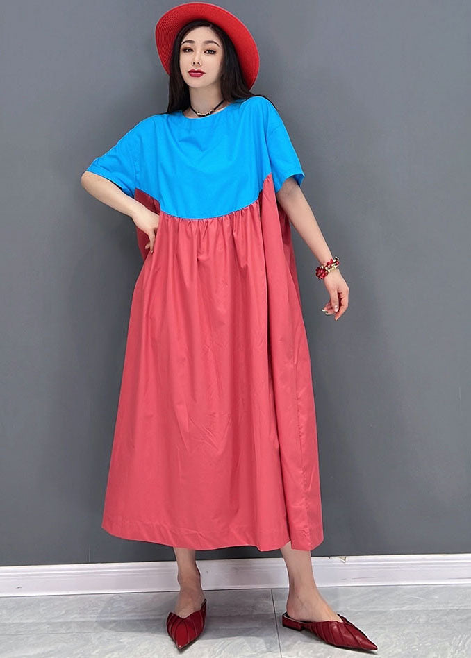 Einfaches, blaues, rotes, übergroßes Patchwork-Baumwoll-A-Linien-Kleid mit kurzen Ärmeln