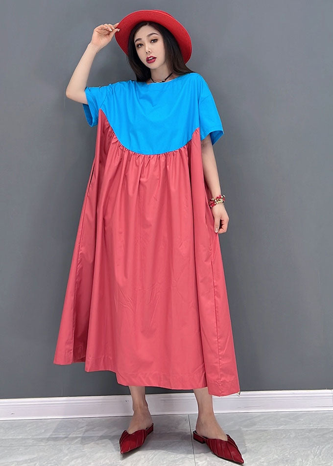 Einfaches, blaues, rotes, übergroßes Patchwork-Baumwoll-A-Linien-Kleid mit kurzen Ärmeln