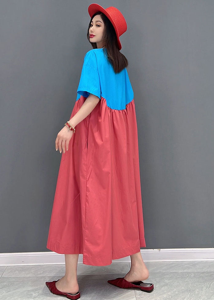 Einfaches, blaues, rotes, übergroßes Patchwork-Baumwoll-A-Linien-Kleid mit kurzen Ärmeln