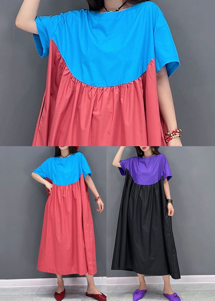 Einfaches, blaues, rotes, übergroßes Patchwork-Baumwoll-A-Linien-Kleid mit kurzen Ärmeln