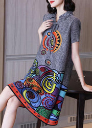 Simple Grey Print Peter Pan Collar Mandarin Collar tie Summer Dress - SooLinen