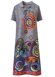 Simple Grey Print Peter Pan Collar Mandarin Collar tie Summer Dress - SooLinen