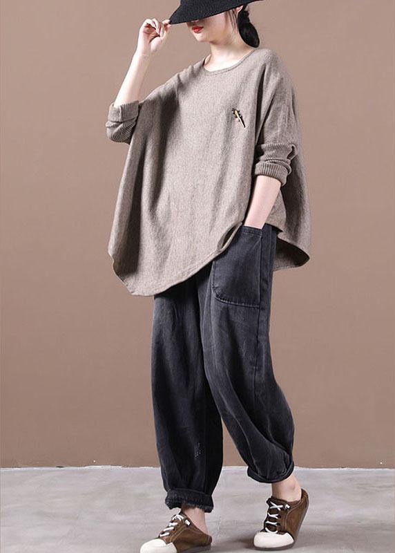 Simple Khaki O-Neck Asymmetrical Design Fall Knitted Top - SooLinen