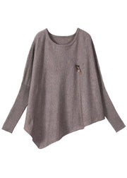 Simple Khaki O-Neck Asymmetrical Design Fall Knitted Top - SooLinen