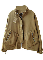 Einfache Khaki Stehkragen Taschen mit Reißverschluss Knopf Herbstjacke Langarm