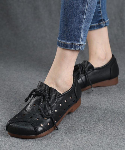 Simple Lace Up Flat Feet Shoes Black Cowhide Leather Hollow Out Penny Loafers - SooLinen