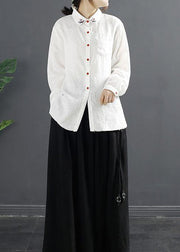 Simple Lapel Embroidery top Pattern White Blouses - SooLinen