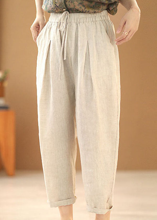 Simple Linen Color Elastic Waist Drawstring Pockets Solid Color Linen Harem Pants Summer