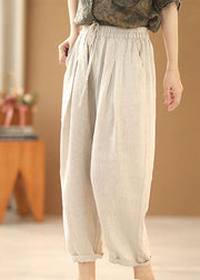 Simple Linen Color Elastic Waist Drawstring Pockets Solid Color Linen Harem Pants Summer