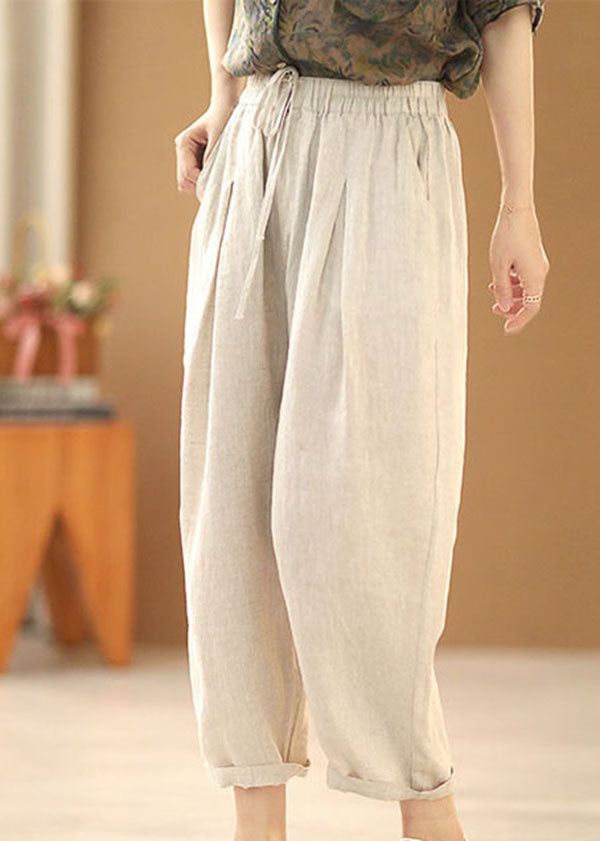 Simple Linen Color Elastic Waist Drawstring Pockets Solid Color Linen Harem Pants Summer