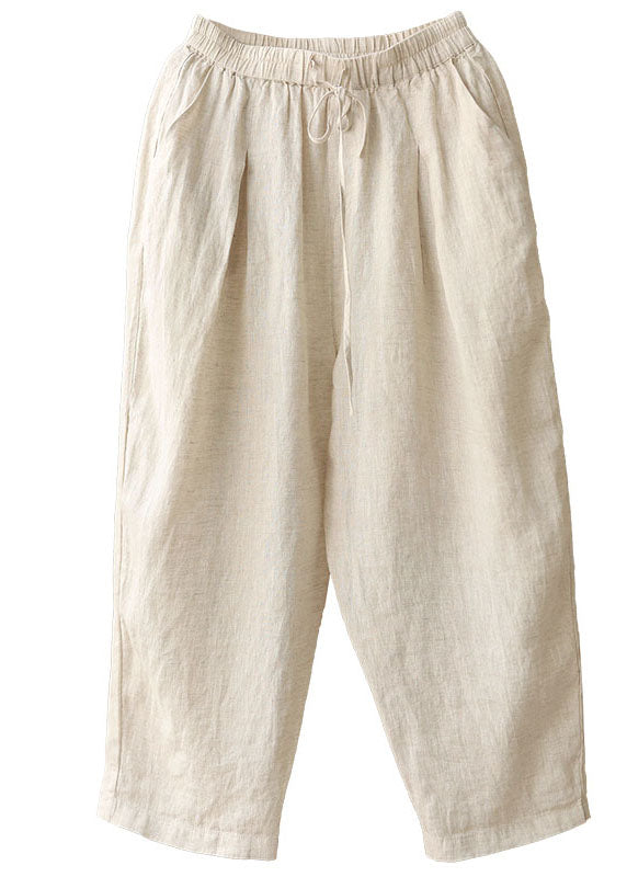Simple Linen Color Elastic Waist Drawstring Pockets Solid Color Linen Harem Pants Summer