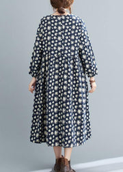 Simple O Neck Cinched Spring Dresses Runway Navy Floral Kaftan Dress - SooLinen