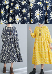 Simple O Neck Cinched Spring Dresses Runway Navy Floral Kaftan Dress - SooLinen