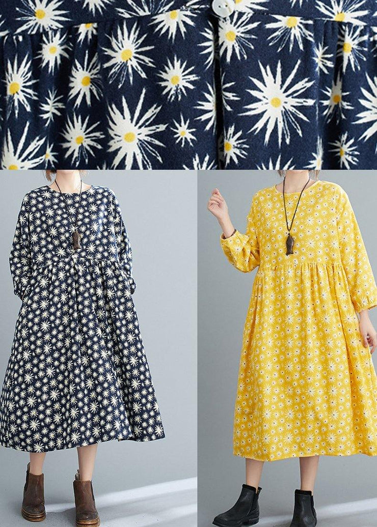 Simple O Neck Cinched Spring Dresses Runway Navy Floral Kaftan Dress - SooLinen