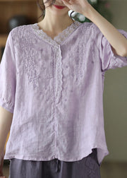 Simple Purple Embroideried Linen Shirt Top Half Sleeve