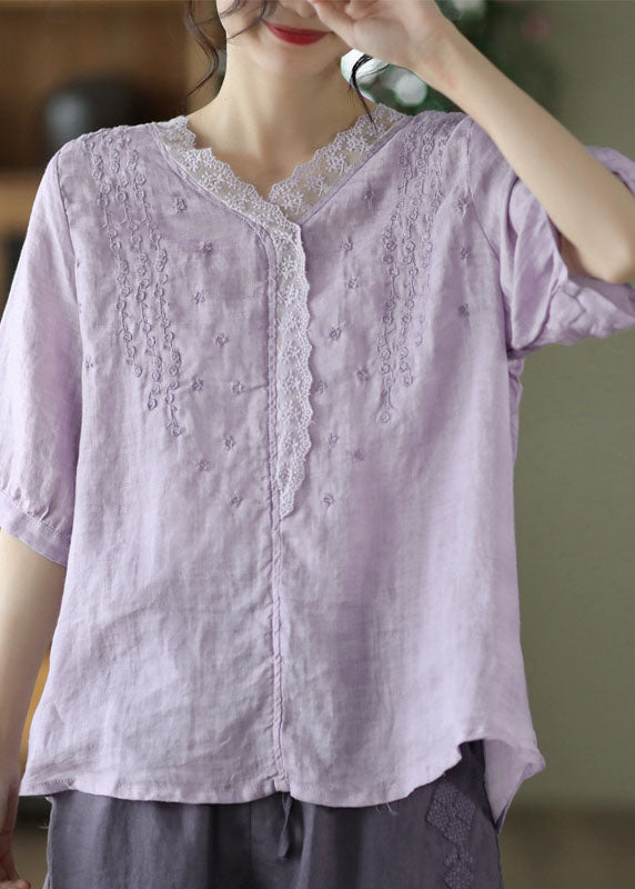 Simple Purple Embroideried Linen Shirt Top Half Sleeve