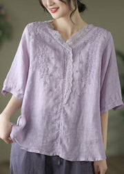 Simple Purple Embroideried Linen Shirt Top Half Sleeve