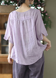 Simple Purple Embroideried Linen Shirt Top Half Sleeve