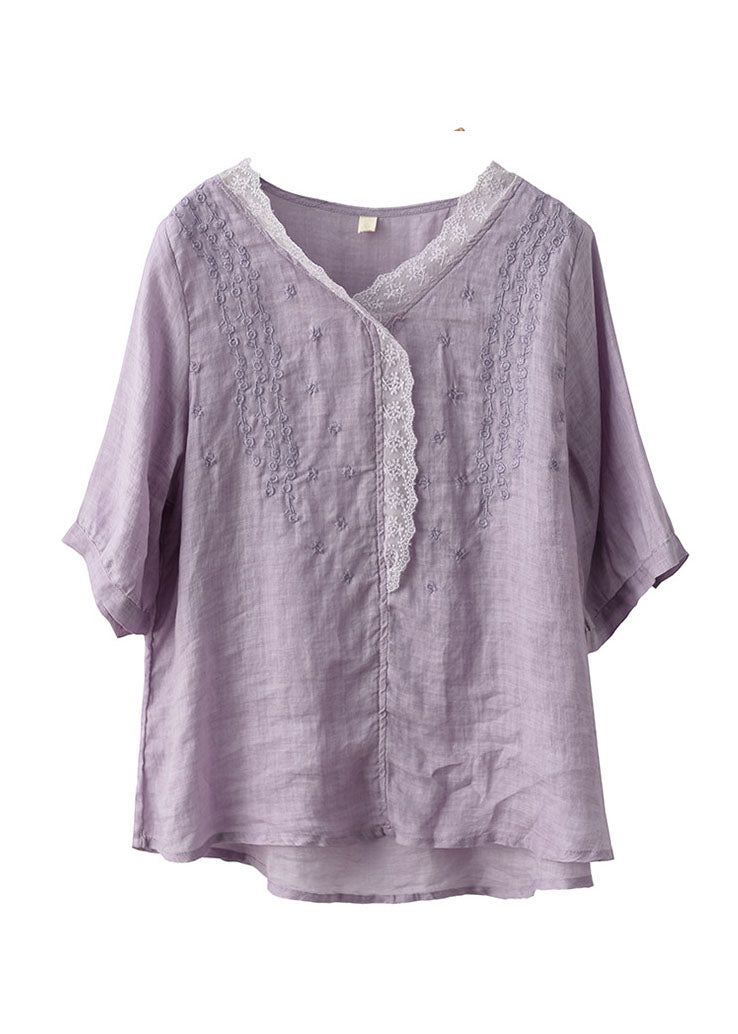 Simple Purple Embroideried Linen Shirt Top Half Sleeve