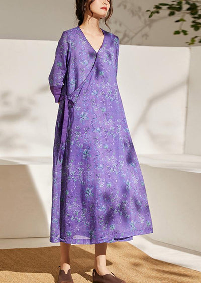 Simple Purple Patchwork Tie Waist Print Summer Ramie Vacation Dress - SooLinen