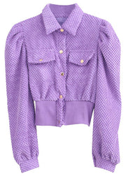Simple Purple Puff Sleeve Button Coat Spring