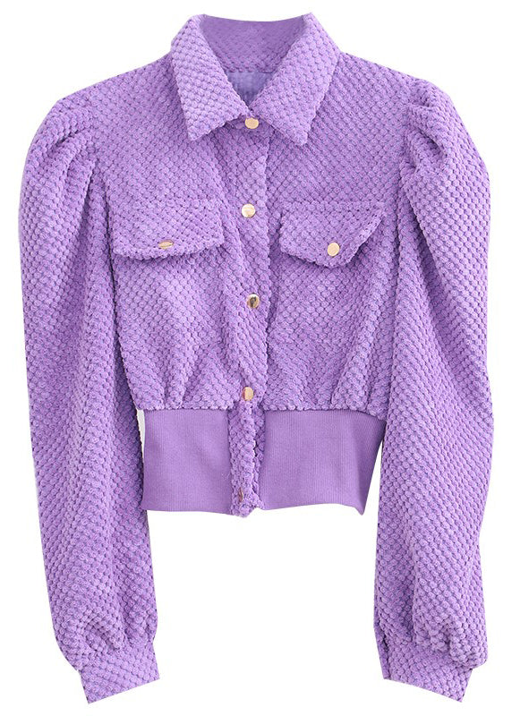Simple Purple Puff Sleeve Button Coat Spring